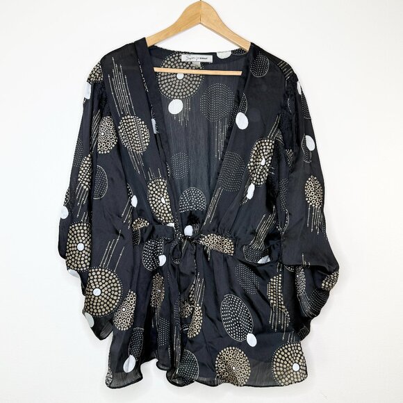 Avenue Soft Black Bronze Dot Kimono Sleeve Front Tie Sheer Blouse 22/24 Plus - Picture 1 of 12